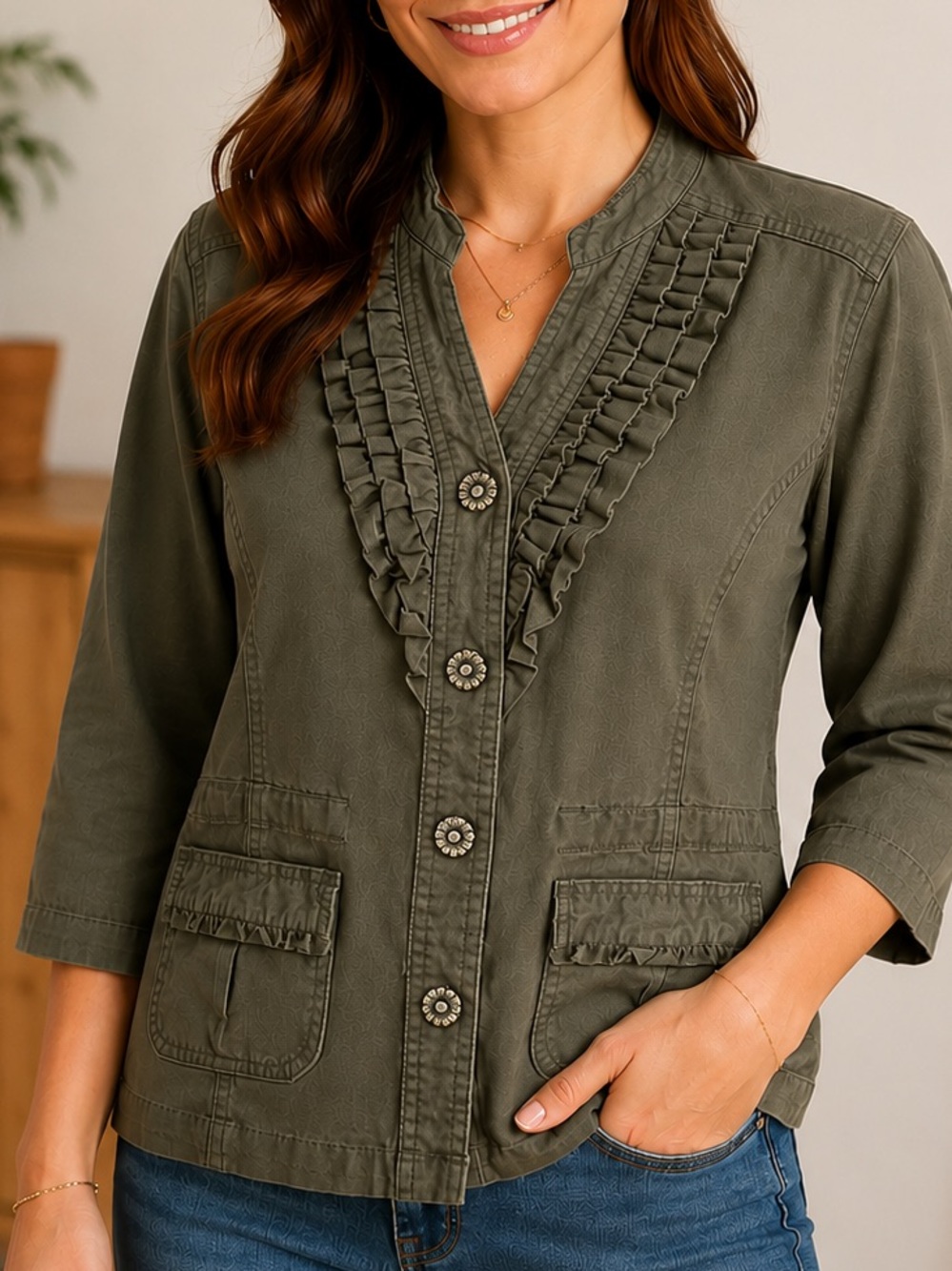 Chadwicks Green Ruffle Button Front Top Jacket Size Medium Silver